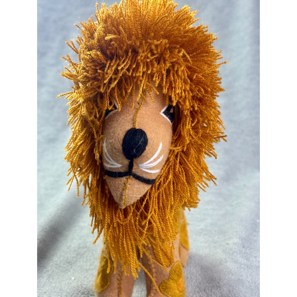 Vintage Handmade Felt Lion Plush Stuffed Animal Floral Embroidery Shaggy Mane